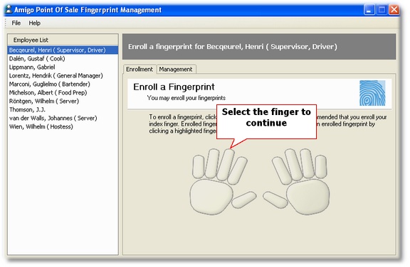 Selecting the Finger to Enroll in the Fingerprint Management Utility