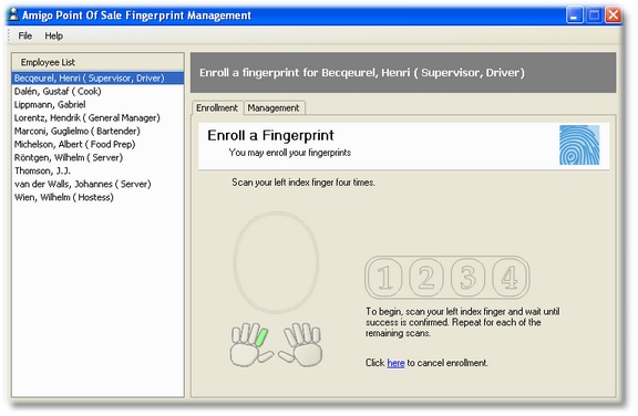 Scanning the selected finger in the fingerprint management utility