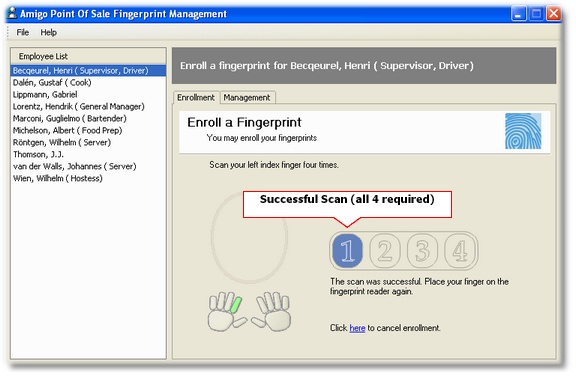 Four successful scans are required to enroll the finger