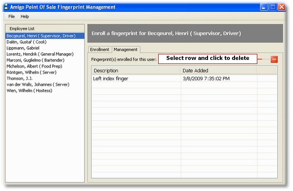 Viewing the selected employee's enrolled fingerprints