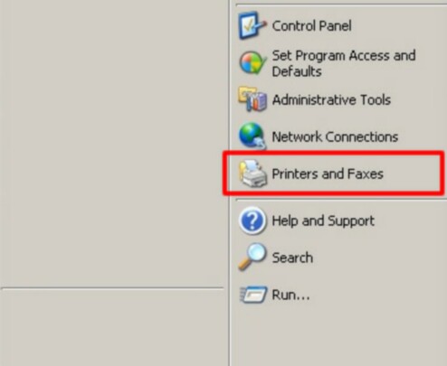 The Windows XP Printers and Faxes folder can be accessed from the start menu.
