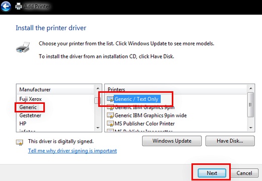<br>
Generic / Text Only Driver