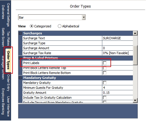 Enable label printing for each order type that requires labels