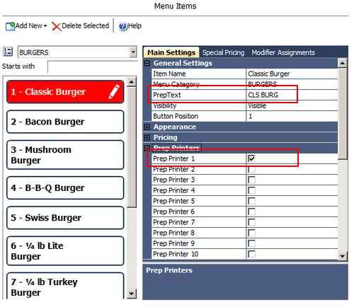 Setting the Prep Text for Regular Menu Items