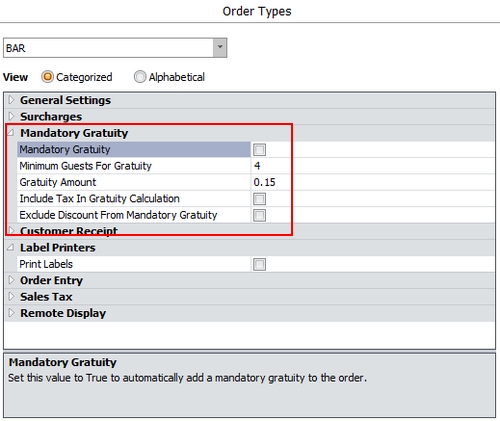 Mandatory Gratuity Settings