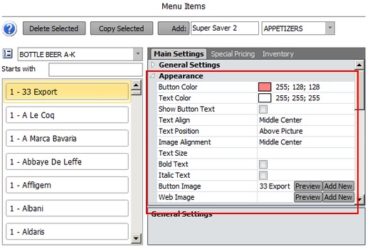 Bar Menu Item Appearance Settings